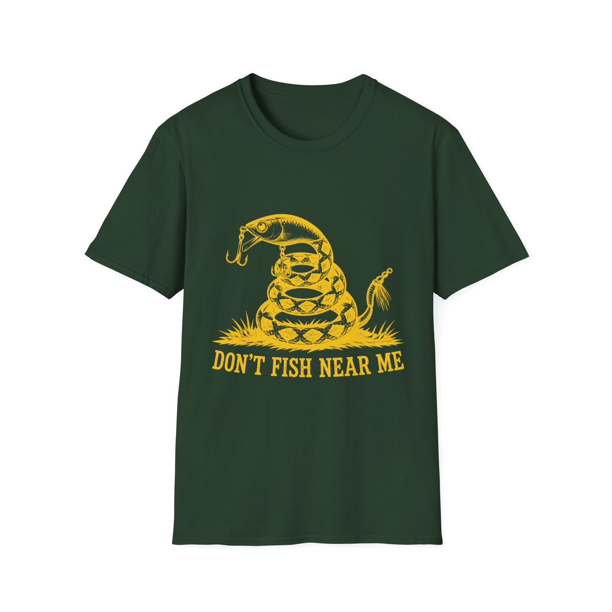 Dark green cotton t-shirt featuring a yellow graphic of a coiled snake with fishing hooks and the text Don't Fish Near Me.