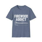 Blue crew neck t-shirt featuring a white Firewood Addict graphic with a technical blueprint design of an axe.