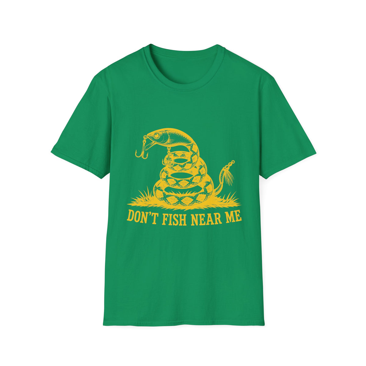 Green cotton t-shirt featuring a yellow graphic of a coiled snake with fishing hooks and the text Don't Fish Near Me.