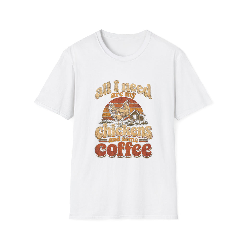 White crewneck t-shirt featuring a vintage-style graphic of a chicken, coop, and the text All I Need Are My Chickens.