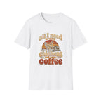 White crewneck t-shirt featuring a vintage-style graphic of a chicken, coop, and the text All I Need Are My Chickens.