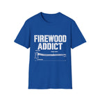 Royal blue crew neck t-shirt featuring a white Firewood Addict graphic with a technical axe blueprint design.
