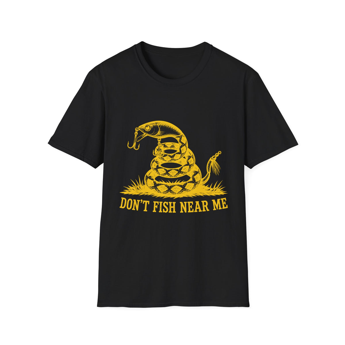 Black cotton t-shirt featuring a yellow graphic of a coiled snake with fishing hooks and the text Don't Fish Near Me.