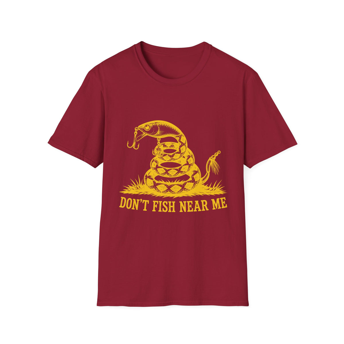 Maroon crewneck t-shirt featuring a yellow graphic of a coiled snake with a fishing hook and the text Don't Fish Near Me.
