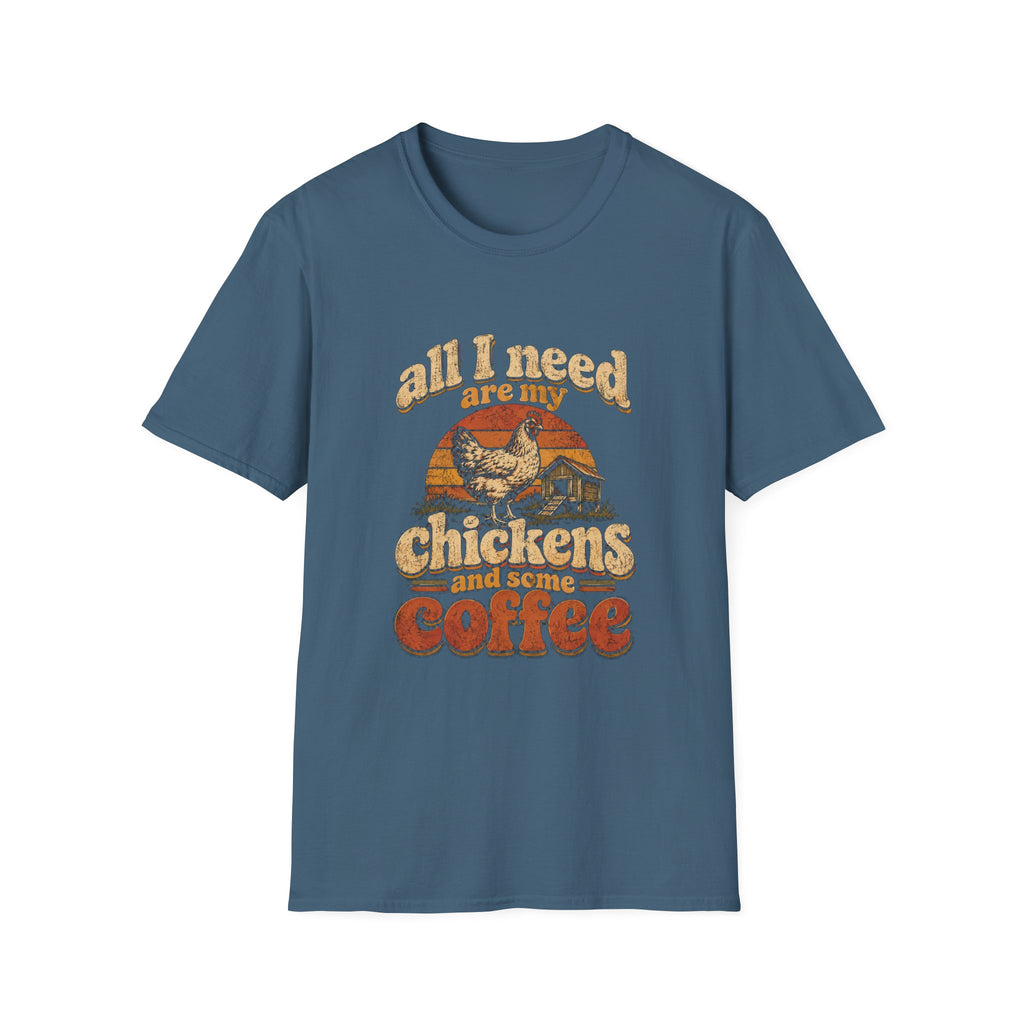 Blue crewneck t-shirt featuring a vintage-style graphic of a chicken, coop, and the text All I Need Are My Chickens.