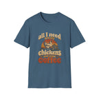 Blue crewneck t-shirt featuring a vintage-style graphic of a chicken, coop, and the text All I Need Are My Chickens.