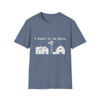 Blue crewneck t-shirt featuring a white graphic of a farmhouse, barn, and windmill with the text I want to be here.
