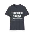 Dark gray crewneck t-shirt featuring a white Firewood Addict graphic with a technical axe diagram and labels.