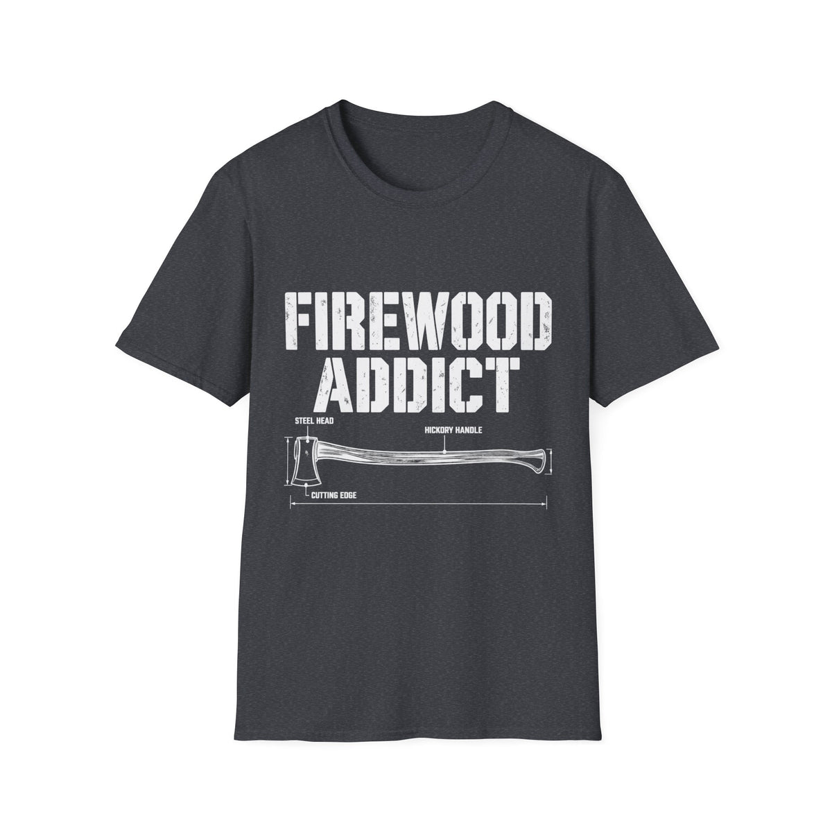 Dark gray crewneck t-shirt featuring a white Firewood Addict graphic with a technical axe diagram and labels.