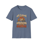 Blue crewneck t-shirt featuring a vintage-style graphic of a chicken, a coop, and the text All I Need Are My Chickens.