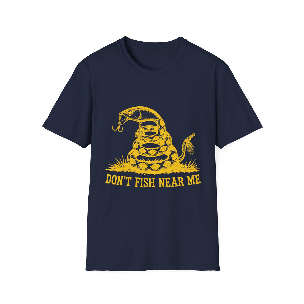 Navy blue crewneck t-shirt featuring a yellow graphic of a coiled snake with fishing hooks and the text Don't Fish Near Me.