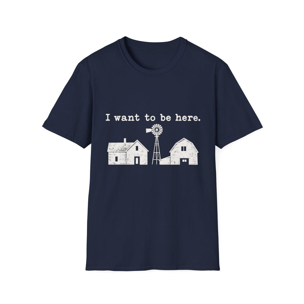 Navy blue crewneck t-shirt featuring a white graphic of a farmhouse, barn, and windmill with the text I want to be here.