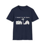 Navy blue crewneck t-shirt featuring a white graphic of a farmhouse, barn, and windmill with the text I want to be here.