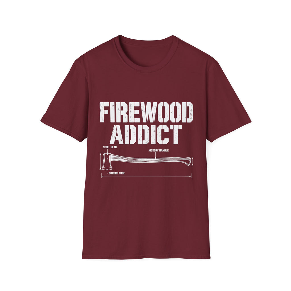 Maroon crewneck t-shirt featuring a white Firewood Addict graphic with a technical axe diagram and labels.