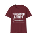 Maroon crewneck t-shirt featuring a white Firewood Addict graphic with a technical axe diagram and labels.