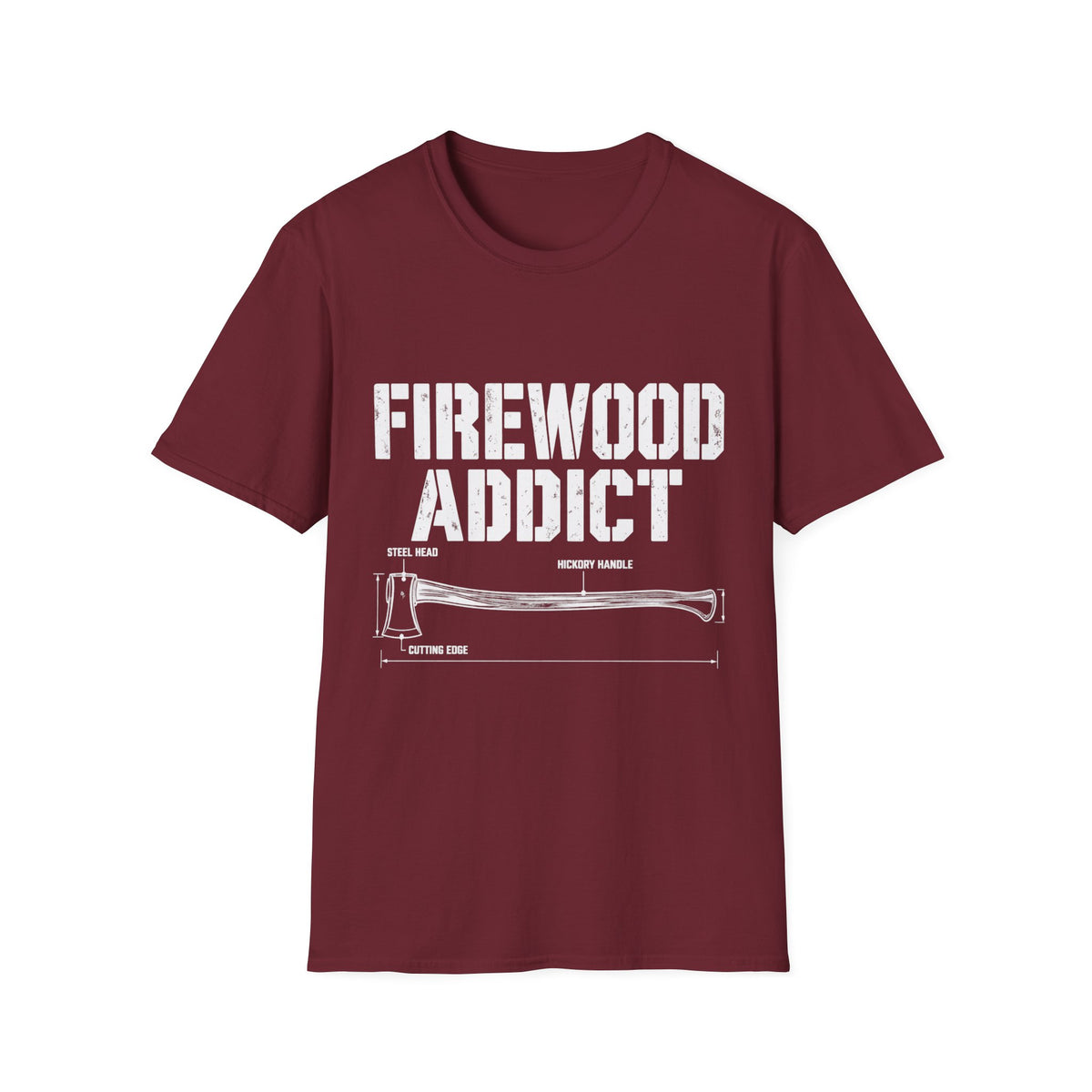 Maroon crewneck t-shirt featuring a white Firewood Addict graphic with a technical axe diagram and labels.
