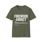 Olive green crewneck t-shirt featuring a white Firewood Addict graphic with a technical axe diagram and labels.