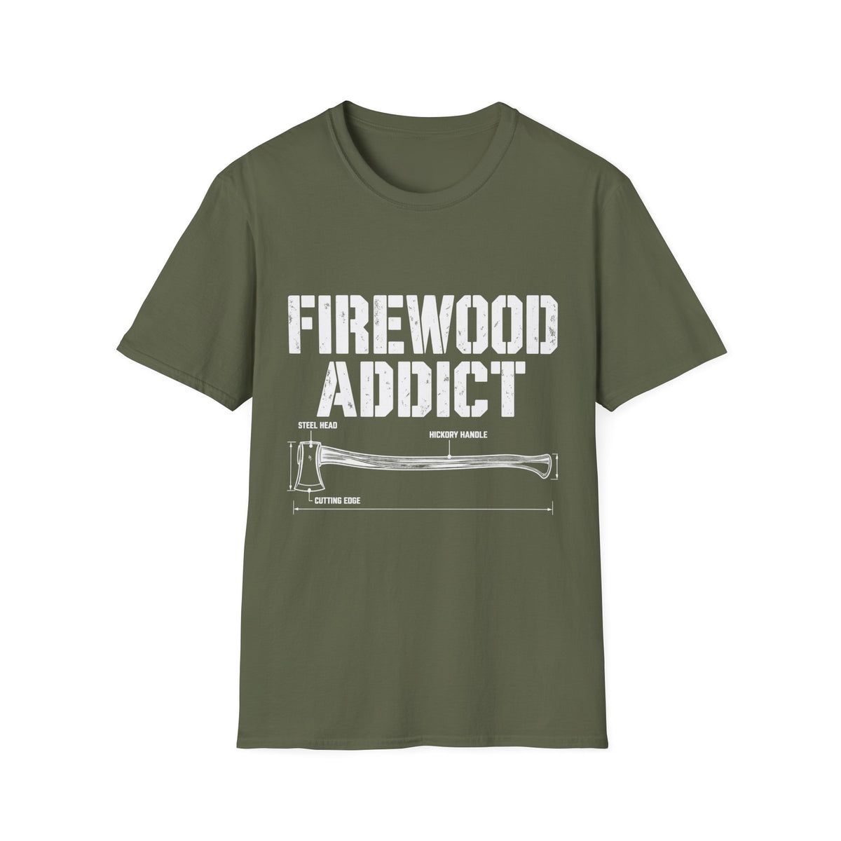 Olive green crewneck t-shirt featuring a white Firewood Addict graphic with a technical axe diagram and labels.
