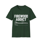 Dark green crewneck t-shirt featuring a white Firewood Addict graphic with a technical axe diagram and labels.