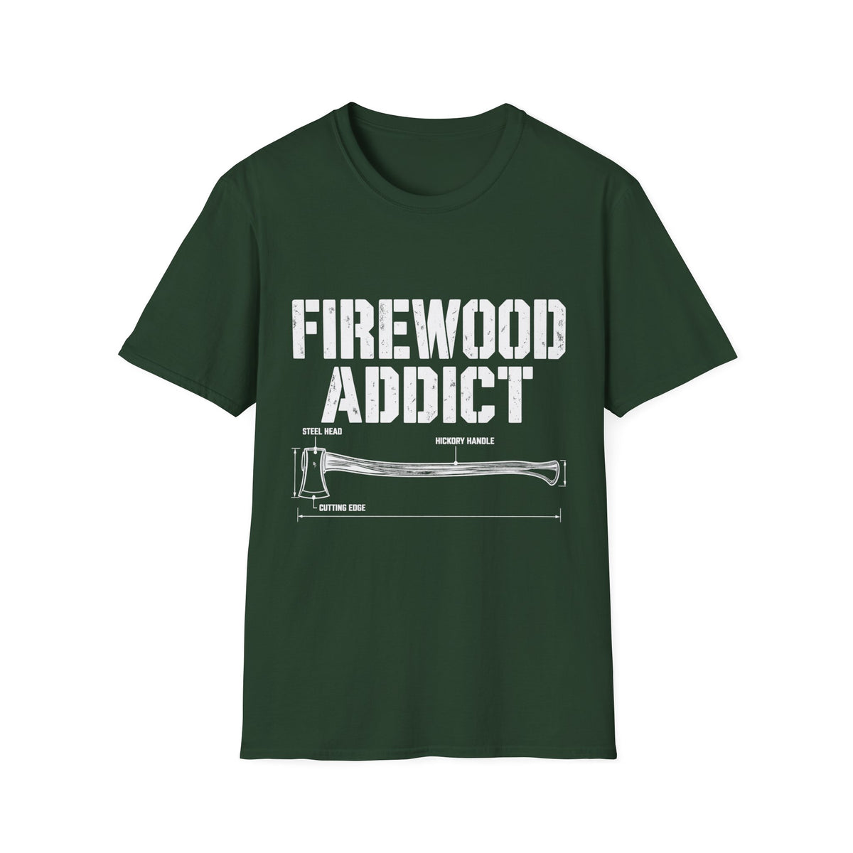 Dark green crewneck t-shirt featuring a white Firewood Addict graphic with a technical axe diagram and labels.