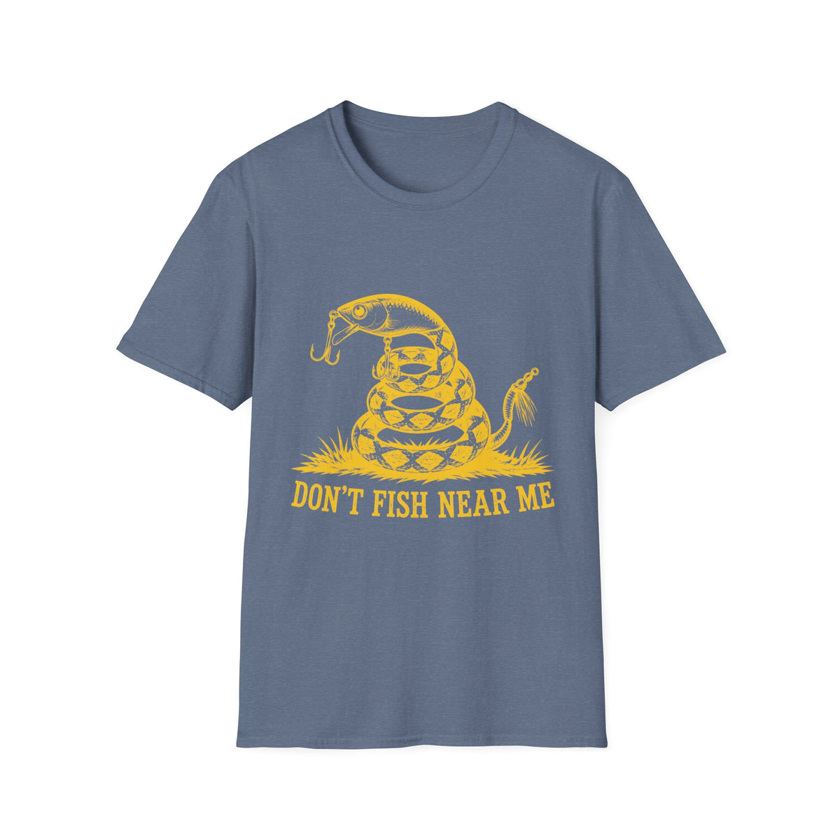Blue crew neck t-shirt featuring a yellow graphic of a coiled snake with fishing hooks and the text Don't Fish Near Me.