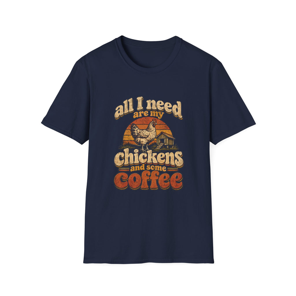 Navy blue crewneck t-shirt featuring a vintage-style graphic of a chicken, coop, and the text All I Need Are My Chickens.