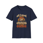 Navy blue crewneck t-shirt featuring a vintage-style graphic of a chicken, coop, and the text All I Need Are My Chickens.