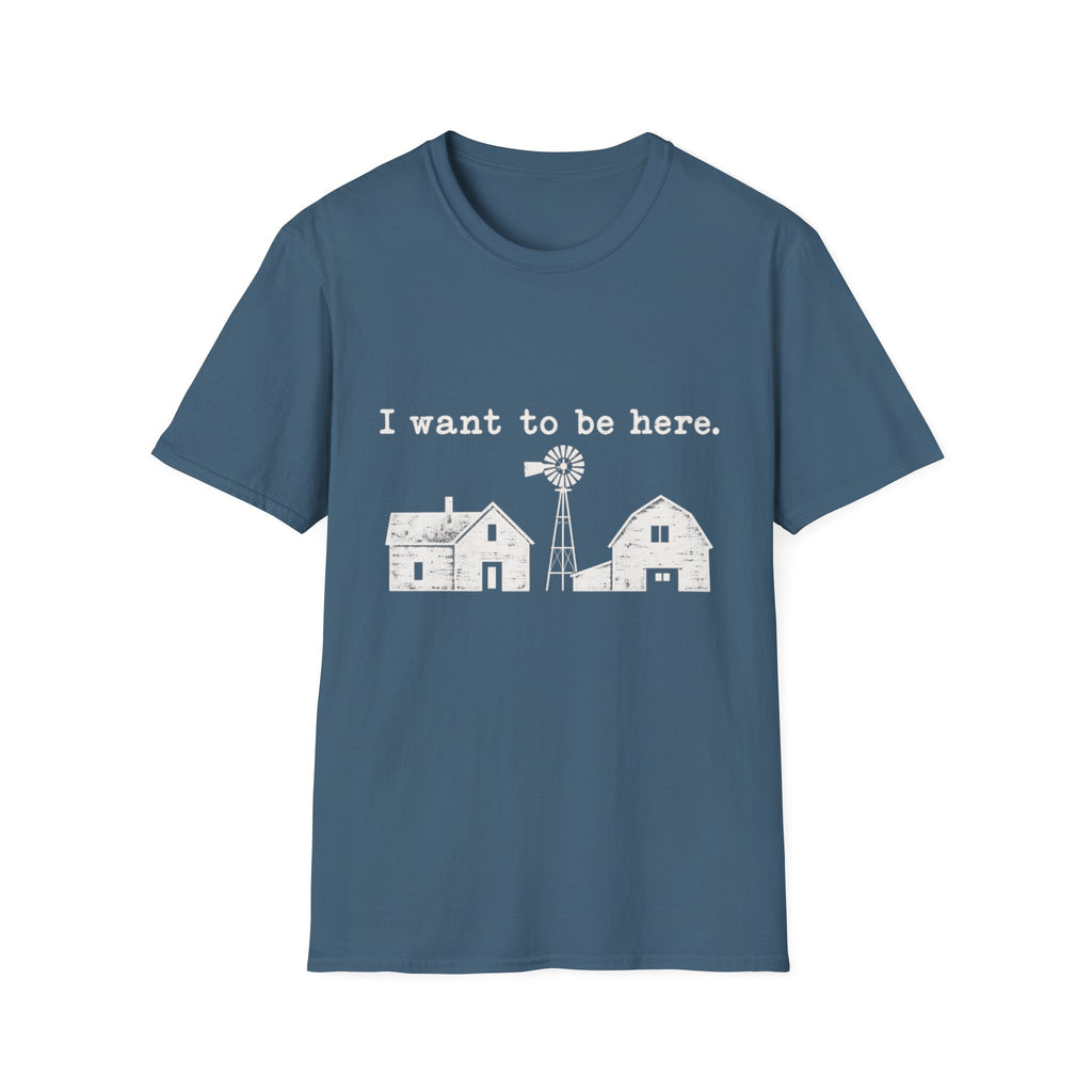 Blue crewneck t-shirt featuring a white graphic of a farmhouse, barn, and windmill with the text I want to be here.