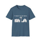Blue crewneck t-shirt featuring a white graphic of a farmhouse, barn, and windmill with the text I want to be here.