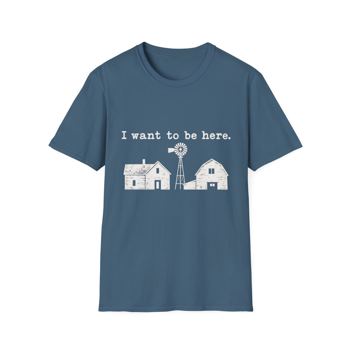 Blue crewneck t-shirt featuring a white graphic of a farmhouse, barn, and windmill with the text I want to be here.