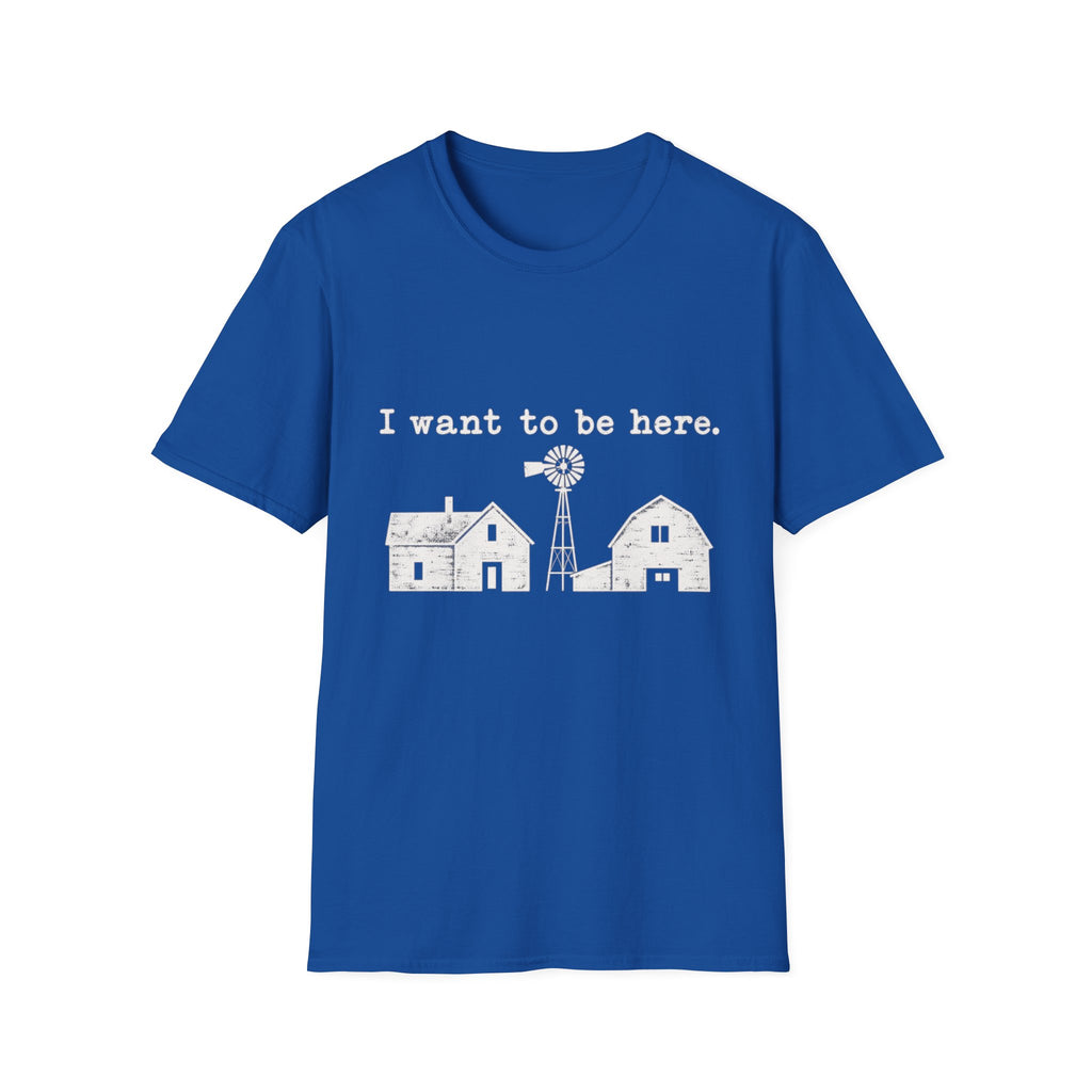 Royal blue crewneck t-shirt featuring a white distressed graphic of a farmhouse, barn, windmill, and text I want to be here.