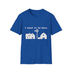 Royal blue crewneck t-shirt featuring a white distressed graphic of a farmhouse, barn, windmill, and text I want to be here.