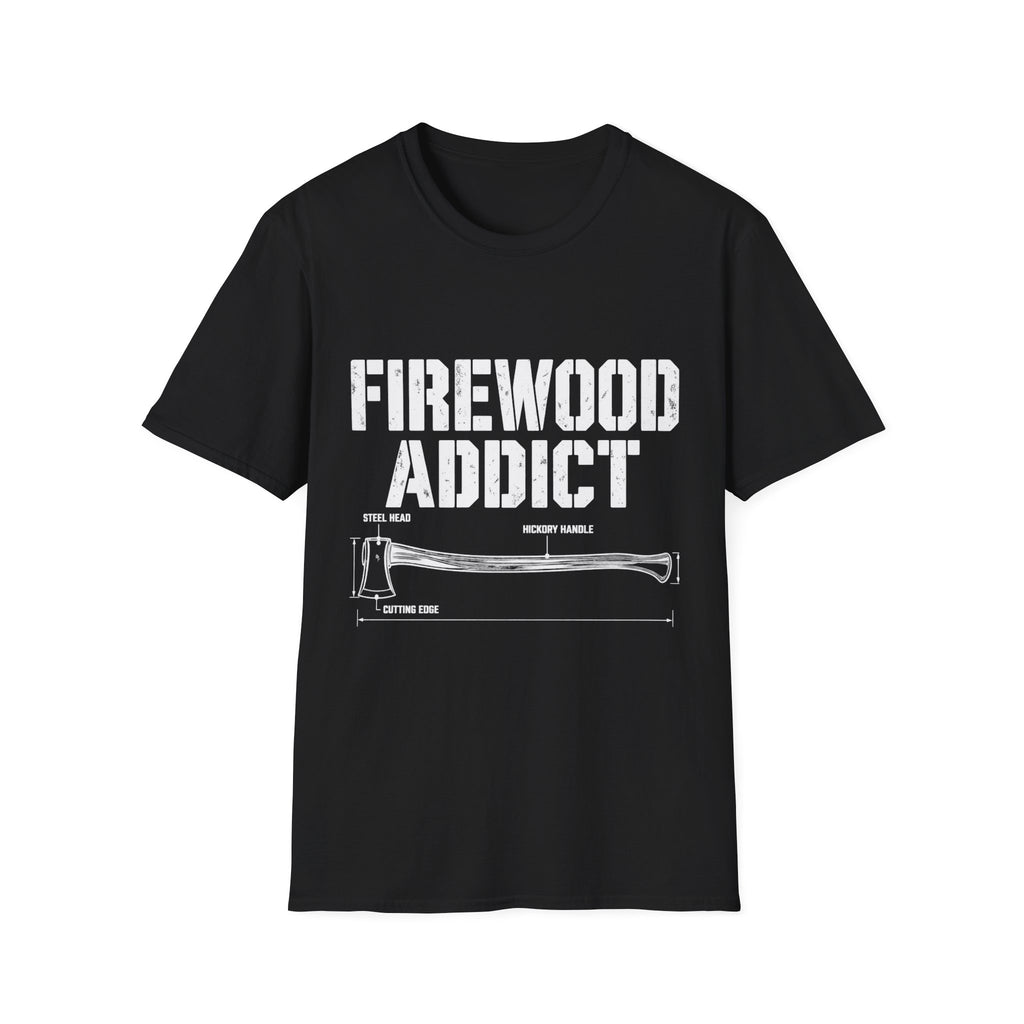 Black crewneck t-shirt featuring a white Firewood Addict graphic with a technical axe diagram and labels.