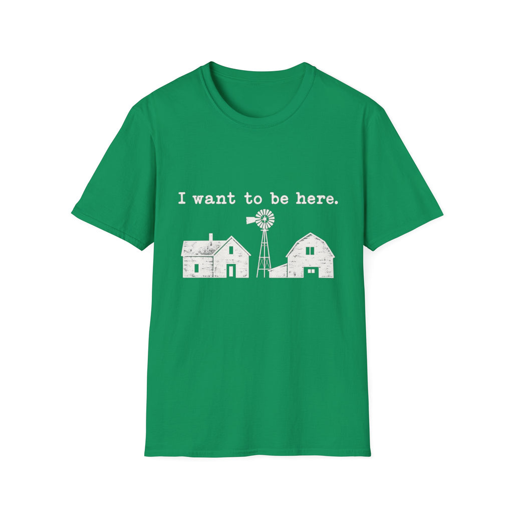 Kelly green crewneck t-shirt featuring a white distressed graphic of a farmhouse, barn, and windmill with the text I want to be here.