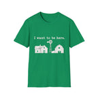 Kelly green crewneck t-shirt featuring a white distressed graphic of a farmhouse, barn, and windmill with the text I want to be here.