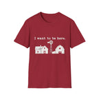 Dark red crewneck t-shirt featuring a white graphic of a farmhouse, barn, and windmill with the text I want to be here.