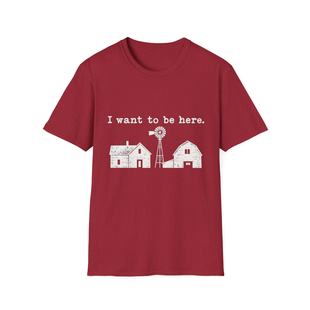 Dark red crewneck t-shirt featuring a white graphic of a farmhouse, barn, and windmill with the text I want to be here.