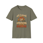 Olive green crewneck t-shirt featuring a vintage-style graphic of a chicken, coop, and the text All I Need Are My Chickens.