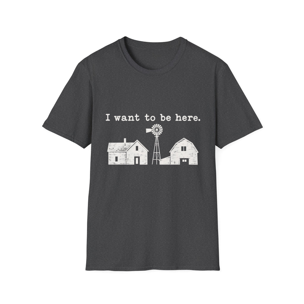 Dark gray crewneck t-shirt featuring a white graphic of a farmhouse, barn, and windmill with the text I want to be here.