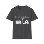 Dark gray crewneck t-shirt featuring a white graphic of a farmhouse, barn, and windmill with the text I want to be here.