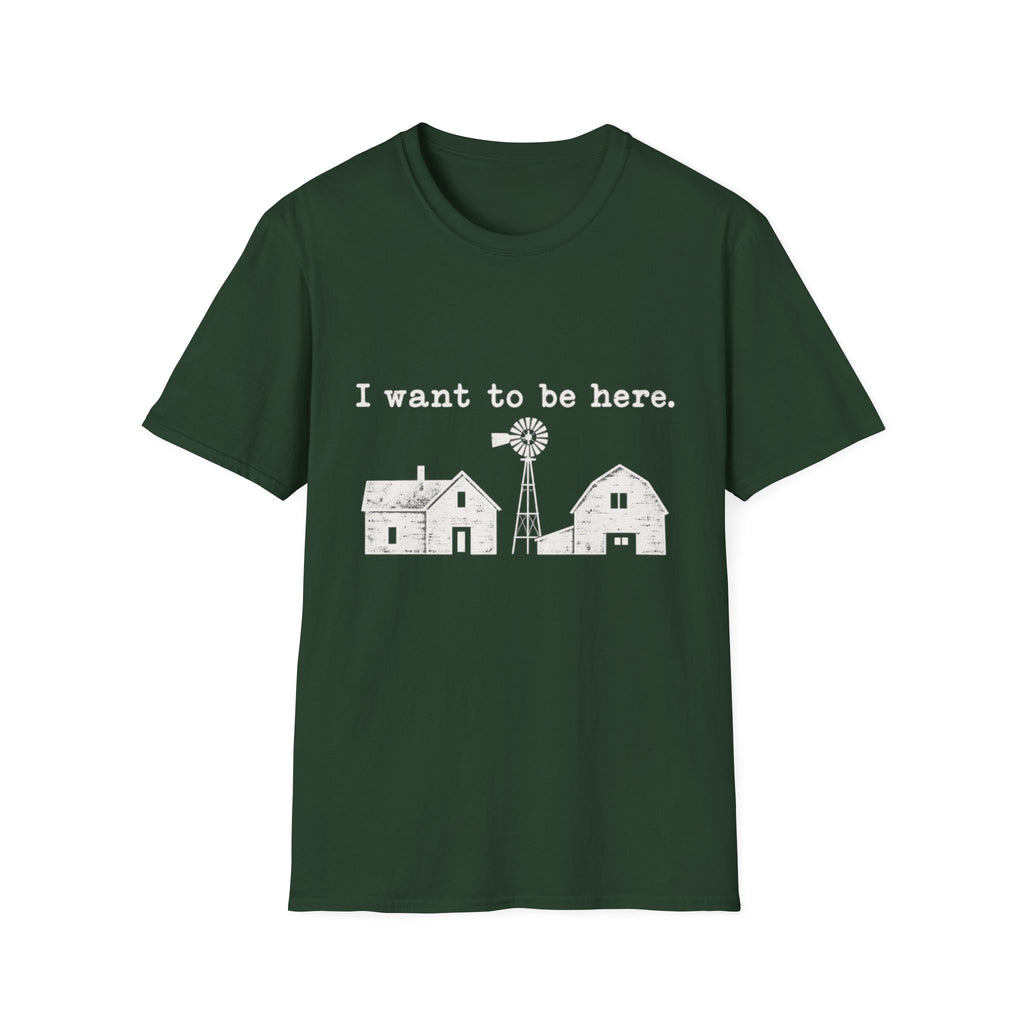 Forest green crew neck t-shirt featuring a white graphic of a farmhouse, windmill, and the text I want to be here.