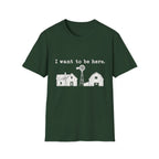 Forest green crew neck t-shirt featuring a white graphic of a farmhouse, windmill, and the text I want to be here.