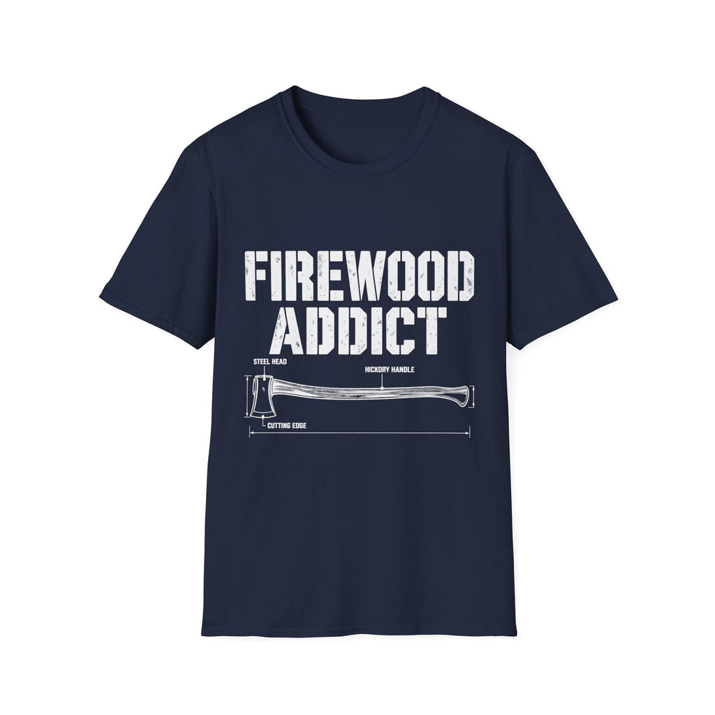 Navy blue crewneck t-shirt featuring a white graphic of an axe with technical labels and the text Firewood Addict.