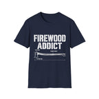 Navy blue crewneck t-shirt featuring a white graphic of an axe with technical labels and the text Firewood Addict.