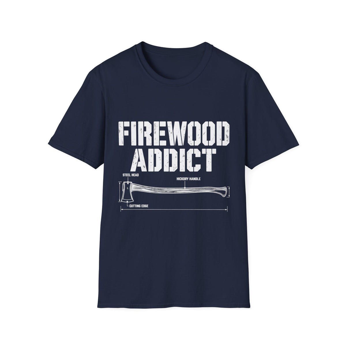 Navy blue crewneck t-shirt featuring a white graphic of an axe with technical labels and the text Firewood Addict.