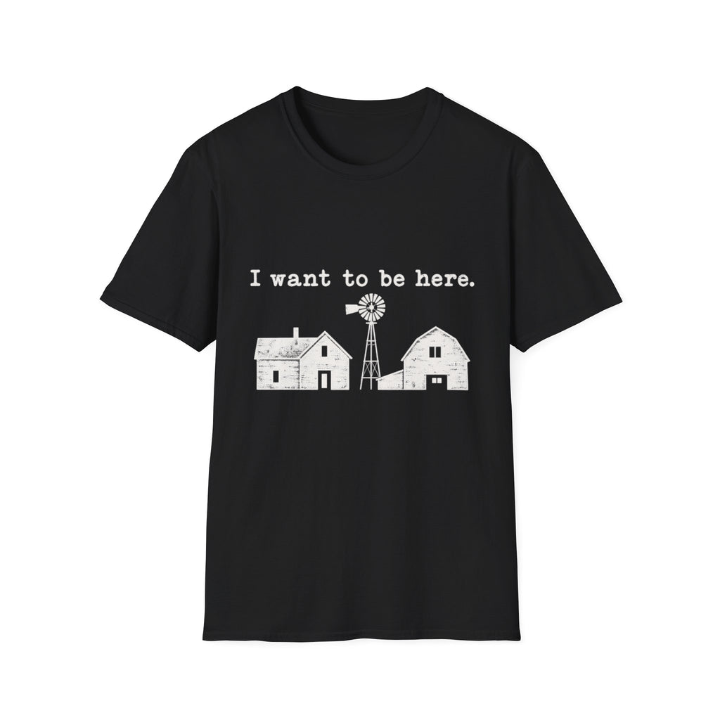Black crewneck t-shirt featuring a white graphic of a farmhouse, barn, and windmill with the text I want to be here.