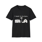 Black crewneck t-shirt featuring a white graphic of a farmhouse, barn, and windmill with the text I want to be here.