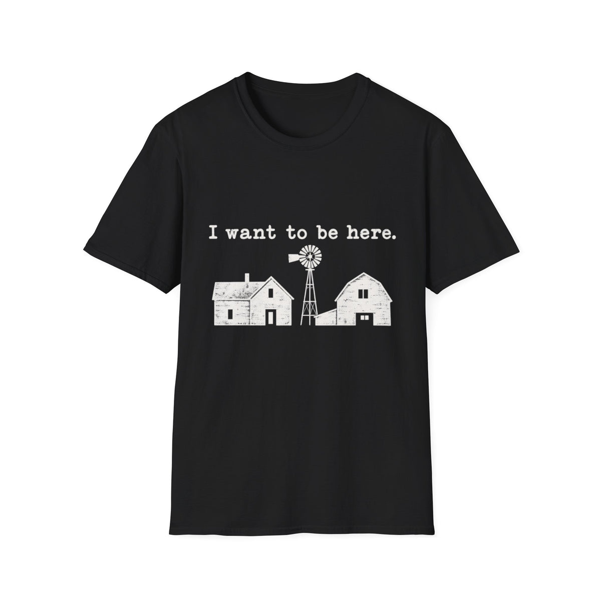 Black crewneck t-shirt featuring a white graphic of a farmhouse, barn, and windmill with the text I want to be here.